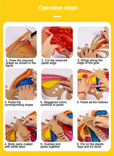 Handgemachtes Spielzeug für Kinder – Schmetterlingsflügel aus farbiger Zellophanfolie mit Licht- und Schatteneffekt, Holzplatte zur Eltern-Kind-Interaktion (4er-Pack)