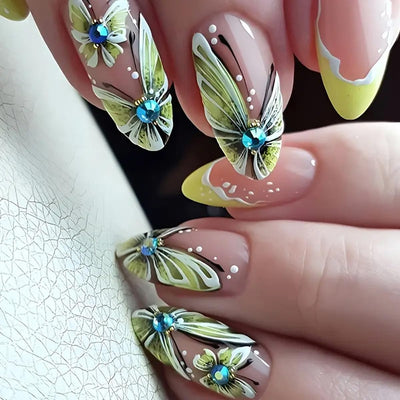 24 Stück Frühling Press-On Nägel Kurz Mandel, YIHONGYAN 3D Strass Muschel-Design Künstliche Nägel Press-Ons Blau Französische Nägel Acryl-Set Klebenägel Vollabdeckung Glitzer Nägel zum Aufkleben für Frauen