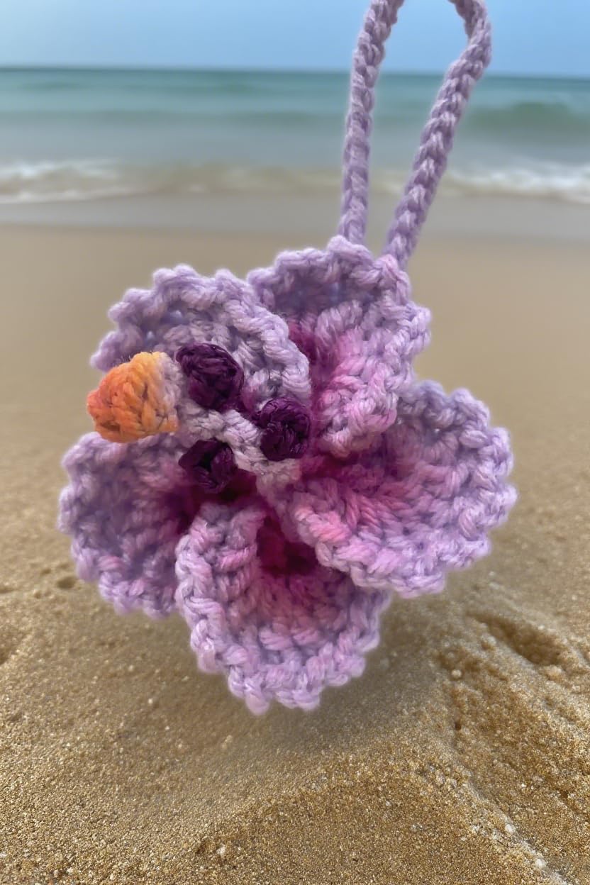 Hibiskusblume Auto Hängedeko, Gehäkelte Hawaiianische Tropenblumen Taschenanhänger Deko Rückspiegel Strandaccessoires (Rosa)