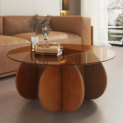 Schwarzer Couchtisch, 31,5" runder Glastisch für das Wohnzimmer, Mid-Century-Modern-Couchtisch, einzigartiger runder Beistelltisch mit Holzfuß