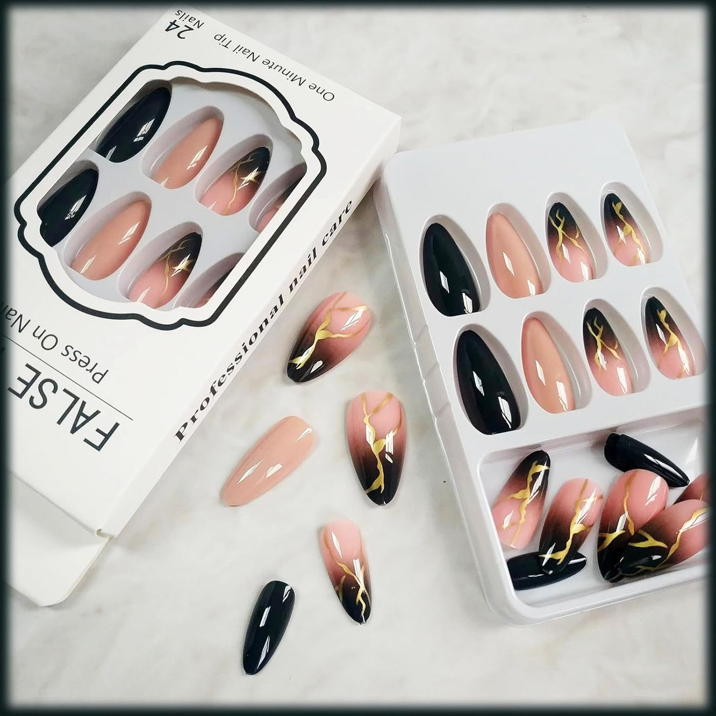 24 Stück Sommer Press-on-Nägel French Tips Medium Mandel Acryl Künstliche Nägel Sonnennägel zum Aufkleben Glänzende Orange Kurvenlinie Künstliche Nagelwellen Gelkleber Fingernägel für Maniküre Kunst Frauen Mädchen