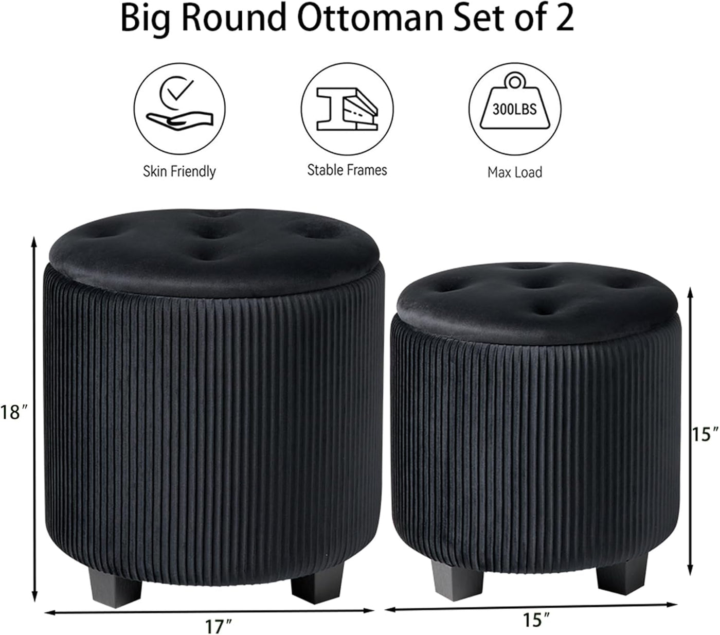 Rundes 2er-Set Aufbewahrungs-Ottoman – Gepolsterter Samt Schminktischhocker für Make-up Multifunktionale Ottomane Couchtisch Gepolsterter Sitz Fußablage für Wohnzimmer & Schlafzimmer (Weiß)