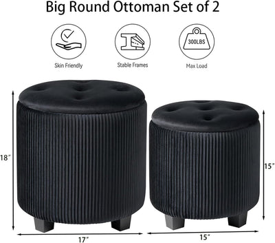 Rundes 2er-Set Aufbewahrungs-Ottoman – Gepolsterter Samt Schminktischhocker für Make-up Multifunktionale Ottomane Couchtisch Gepolsterter Sitz Fußablage für Wohnzimmer & Schlafzimmer (Weiß)
