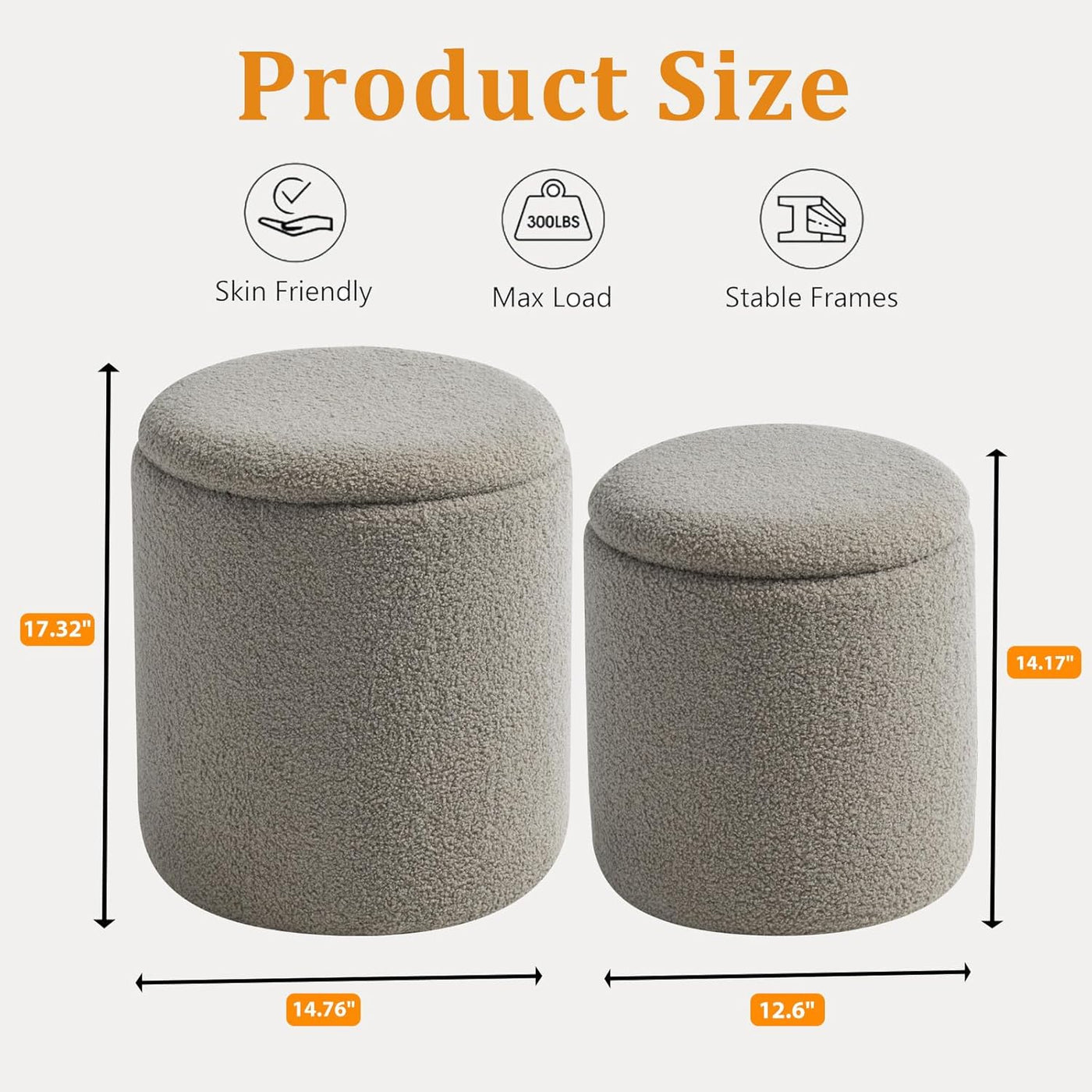 Rundes 2er-Set Aufbewahrungs-Ottoman – Gepolsterter Samt Schminktischhocker für Make-up Multifunktionale Ottomane Couchtisch Gepolsterter Sitz Fußablage für Wohnzimmer & Schlafzimmer (Weiß)