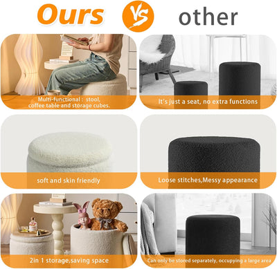 Rundes 2er-Set Aufbewahrungs-Ottoman – Gepolsterter Samt Schminktischhocker für Make-up Multifunktionale Ottomane Couchtisch Gepolsterter Sitz Fußablage für Wohnzimmer & Schlafzimmer (Weiß)