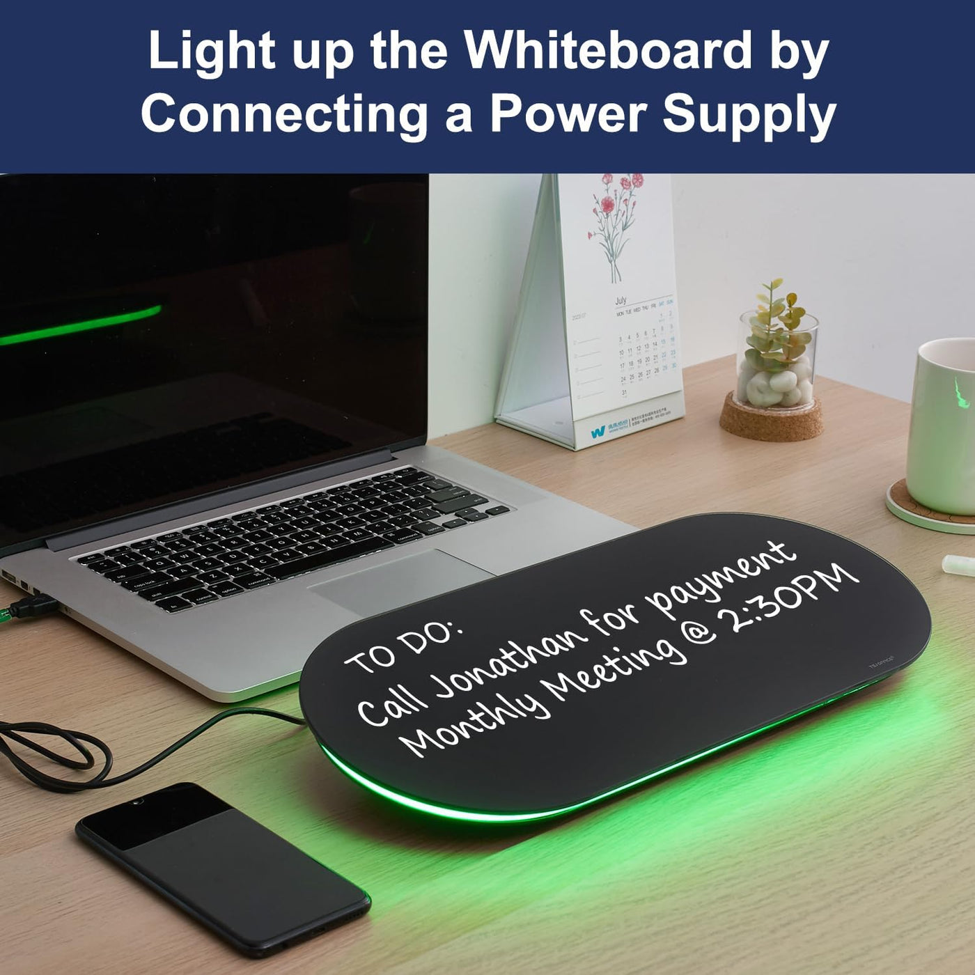 TSJ OFFICE Glas-Schreibtisch-Whiteboard – 17 x 7 Zoll kleines Whiteboard mit blauer Beleuchtung, Glas-Whiteboard-Oberfläche Notizblock mit 1 Schublade, Schreibtisch-Organizer für Büro, Zuhause, Schulbedarf
