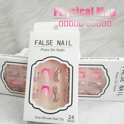 24 Stück Sommer Press-on-Nägel French Tips Medium Mandel Acryl Künstliche Nägel Sonnennägel zum Aufkleben Glänzende Orange Kurvenlinie Künstliche Nagelwellen Gelkleber Fingernägel für Maniküre Kunst Frauen Mädchen