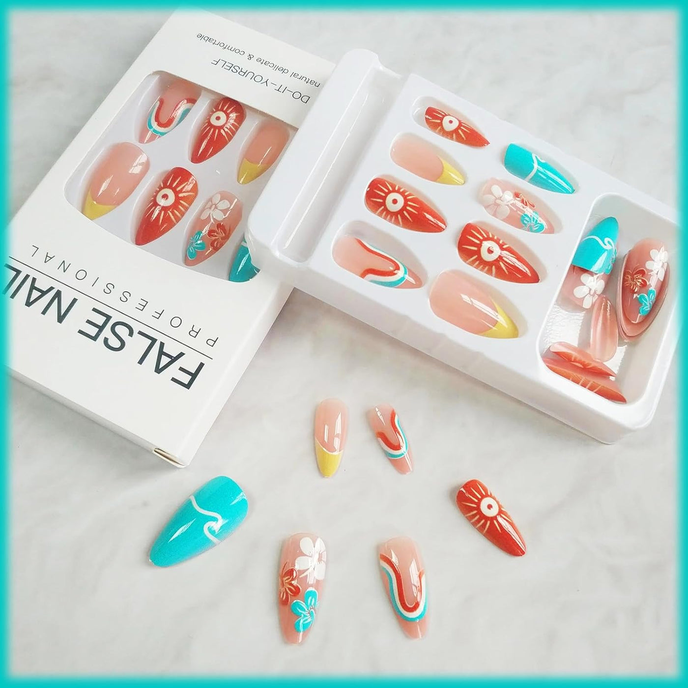 24 Stück Sommer Press-on-Nägel French Tips Medium Mandel Acryl Künstliche Nägel Sonnennägel zum Aufkleben Glänzende Orange Kurvenlinie Künstliche Nagelwellen Gelkleber Fingernägel für Maniküre Kunst Frauen Mädchen