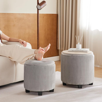 Rundes 2er-Set Aufbewahrungs-Ottoman – Gepolsterter Samt Schminktischhocker für Make-up Multifunktionale Ottomane Couchtisch Gepolsterter Sitz Fußablage für Wohnzimmer & Schlafzimmer (Weiß)