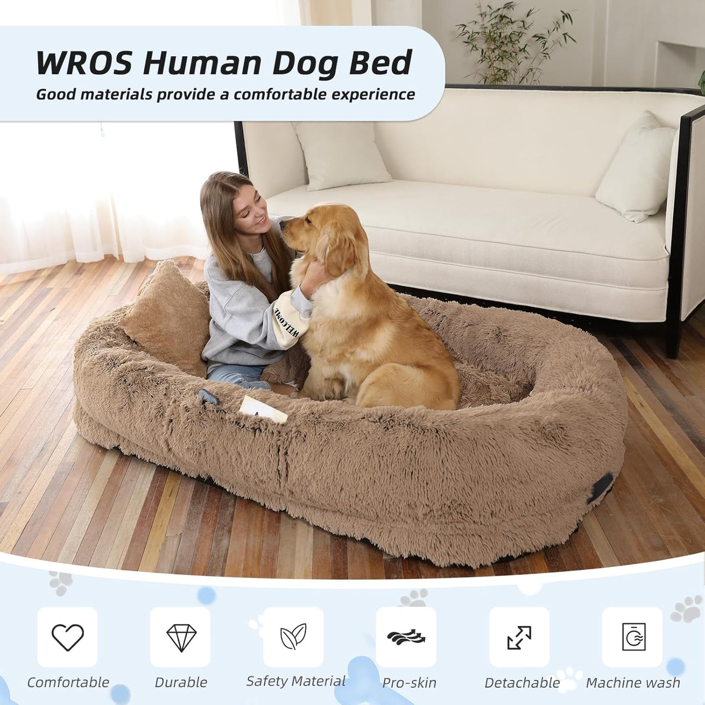 Hundebett für Menschen, große Hundebetten für Menschen, passend für Sie und Haustiere, waschbares Kunstfell-orthopädisches Mensch-Haustier-Bett für Dösen, Nickerchen, Kissen, Decke, Gurt – Khaki