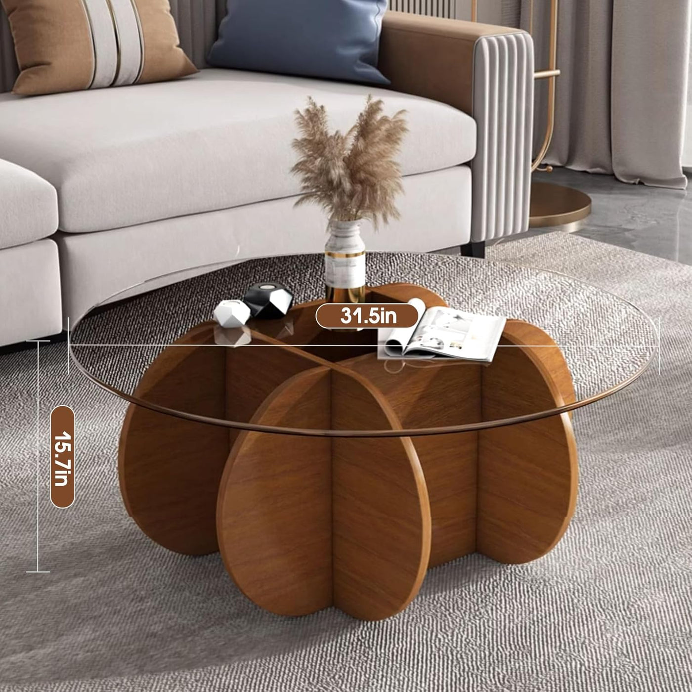 Schwarzer Couchtisch, 31,5" runder Glastisch für das Wohnzimmer, Mid-Century-Modern-Couchtisch, einzigartiger runder Beistelltisch mit Holzfuß