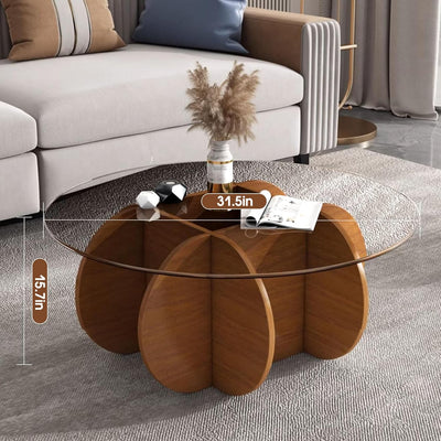 Schwarzer Couchtisch, 31,5" runder Glastisch für das Wohnzimmer, Mid-Century-Modern-Couchtisch, einzigartiger runder Beistelltisch mit Holzfuß