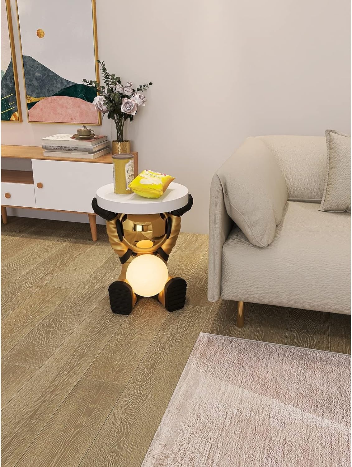 Astronautentisch mit rundem Tischplatte 19,7" x 17,7" Sofa-Beistelltisch mit Mondlampe Moderner Harz-Akzent Astronautenfigur für Schlafzimmer, Wohnzimmer, Zuhause, Rosa