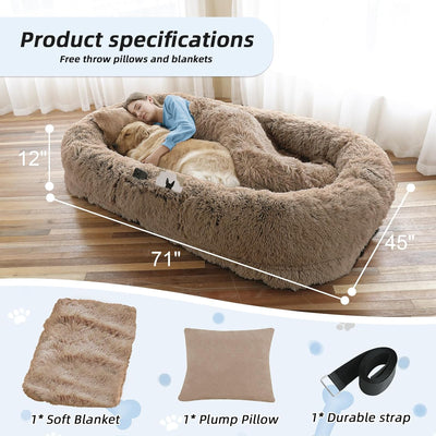 Hundebett für Menschen, große Hundebetten für Menschen, passend für Sie und Haustiere, waschbares Kunstfell-orthopädisches Mensch-Haustier-Bett für Dösen, Nickerchen, Kissen, Decke, Gurt – Khaki