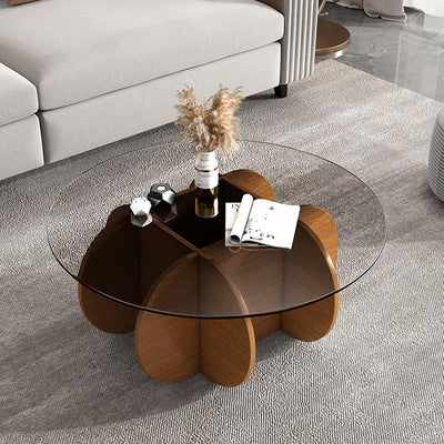 Schwarzer Couchtisch, 31,5" runder Glastisch für das Wohnzimmer, Mid-Century-Modern-Couchtisch, einzigartiger runder Beistelltisch mit Holzfuß