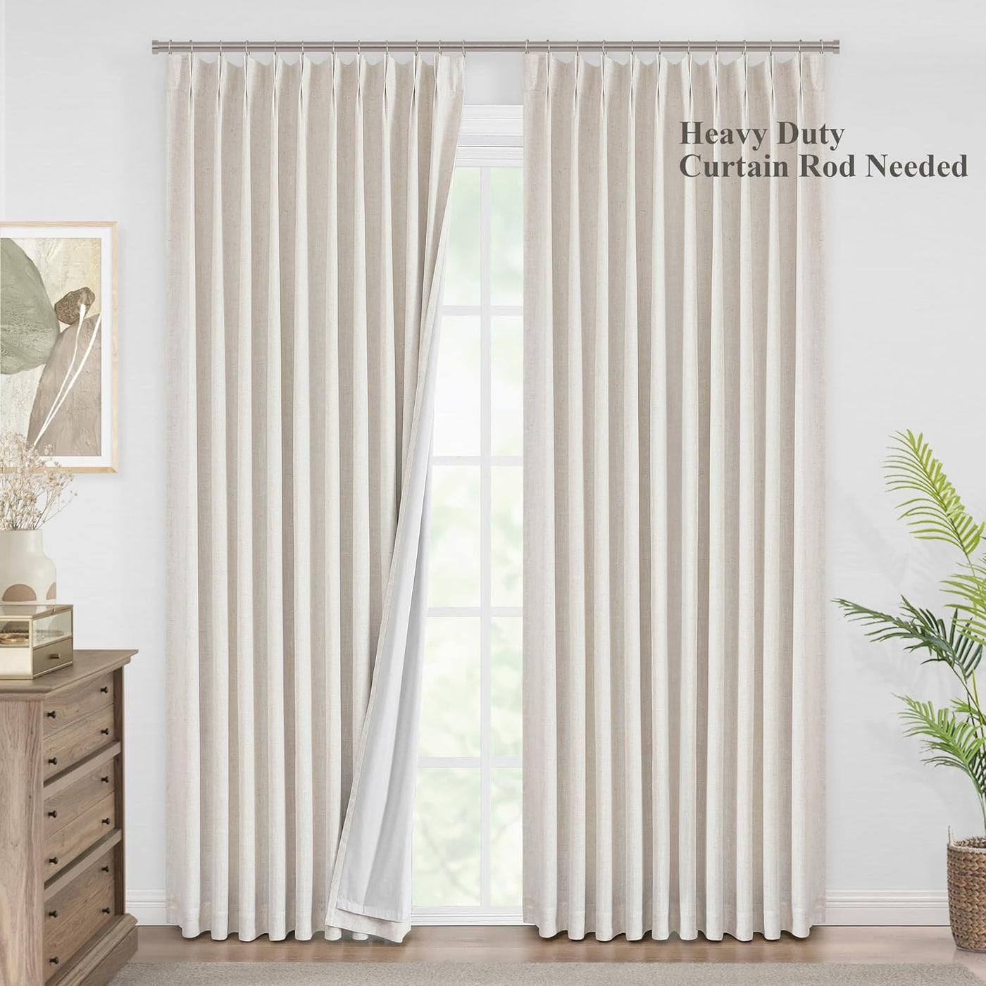 Vision Home Natürliche Raffhalter-Verdunkelungsvorhänge Vollständig Verdunkelnd Leinenmischung Raumverdunkelnde Fenstervorhänge 108 Zoll für Wohnzimmer Schlafzimmer Thermisch Isolierte Faltenvorhänge mit Haken 60" B x108 Lx1