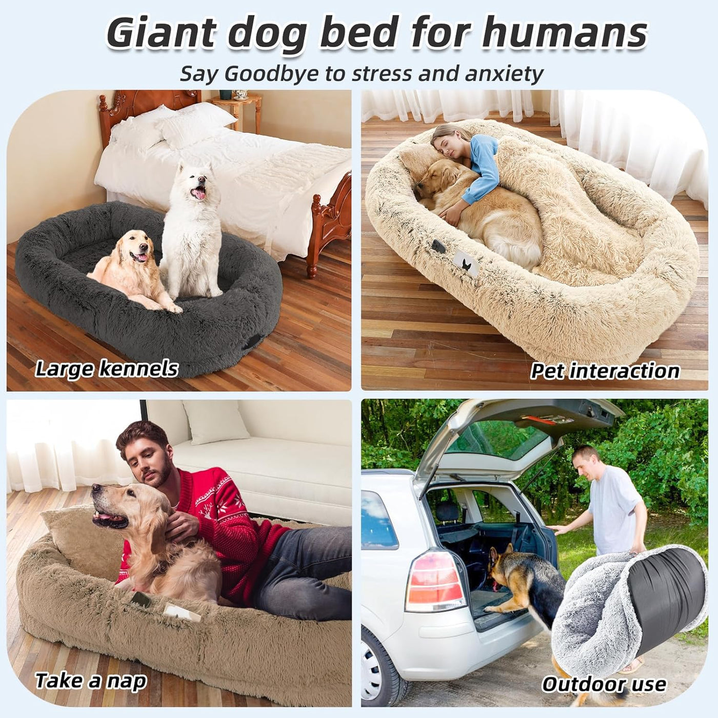Hundebett für Menschen, große Hundebetten für Menschen, passend für Sie und Haustiere, waschbares Kunstfell-orthopädisches Mensch-Haustier-Bett für Dösen, Nickerchen, Kissen, Decke, Gurt – Khaki