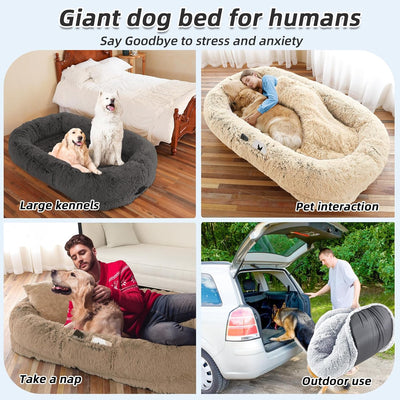 Hundebett für Menschen, große Hundebetten für Menschen, passend für Sie und Haustiere, waschbares Kunstfell-orthopädisches Mensch-Haustier-Bett für Dösen, Nickerchen, Kissen, Decke, Gurt – Khaki