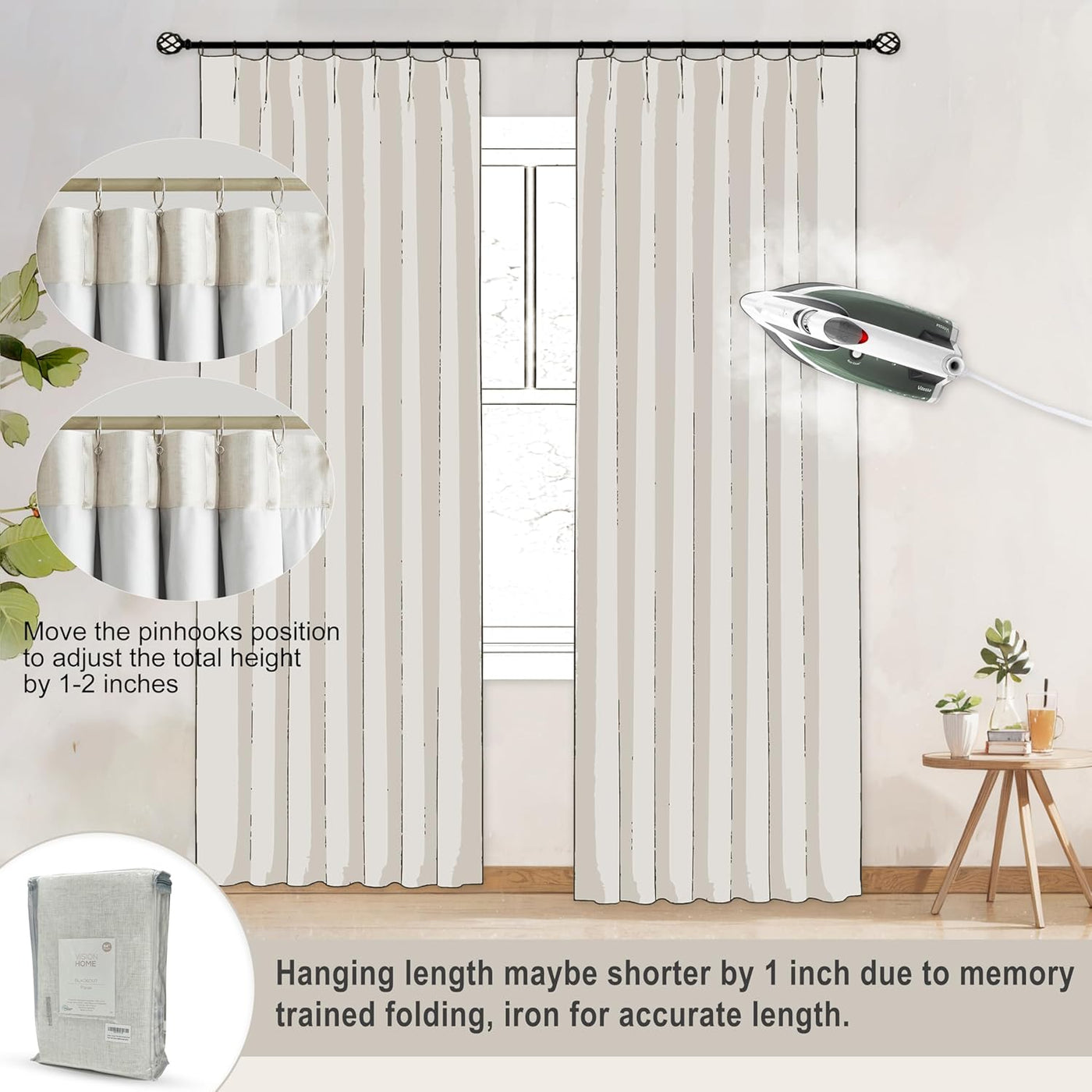 Vision Home Natürliche Raffhalter-Verdunkelungsvorhänge Vollständig Verdunkelnd Leinenmischung Raumverdunkelnde Fenstervorhänge 108 Zoll für Wohnzimmer Schlafzimmer Thermisch Isolierte Faltenvorhänge mit Haken 60" B x108 Lx1