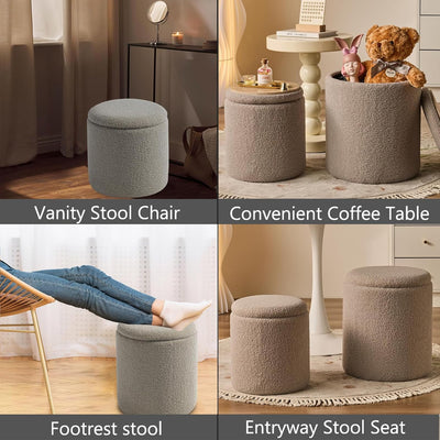 Rundes 2er-Set Aufbewahrungs-Ottoman – Gepolsterter Samt Schminktischhocker für Make-up Multifunktionale Ottomane Couchtisch Gepolsterter Sitz Fußablage für Wohnzimmer & Schlafzimmer (Weiß)