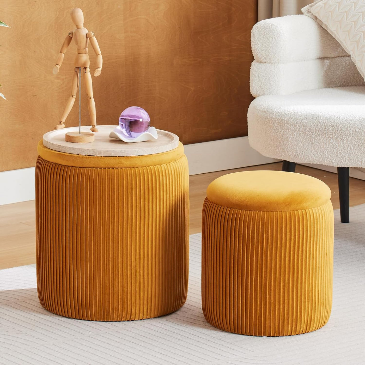 Rundes 2er-Set Aufbewahrungs-Ottoman – Gepolsterter Samt Schminktischhocker für Make-up Multifunktionale Ottomane Couchtisch Gepolsterter Sitz Fußablage für Wohnzimmer & Schlafzimmer (Weiß)