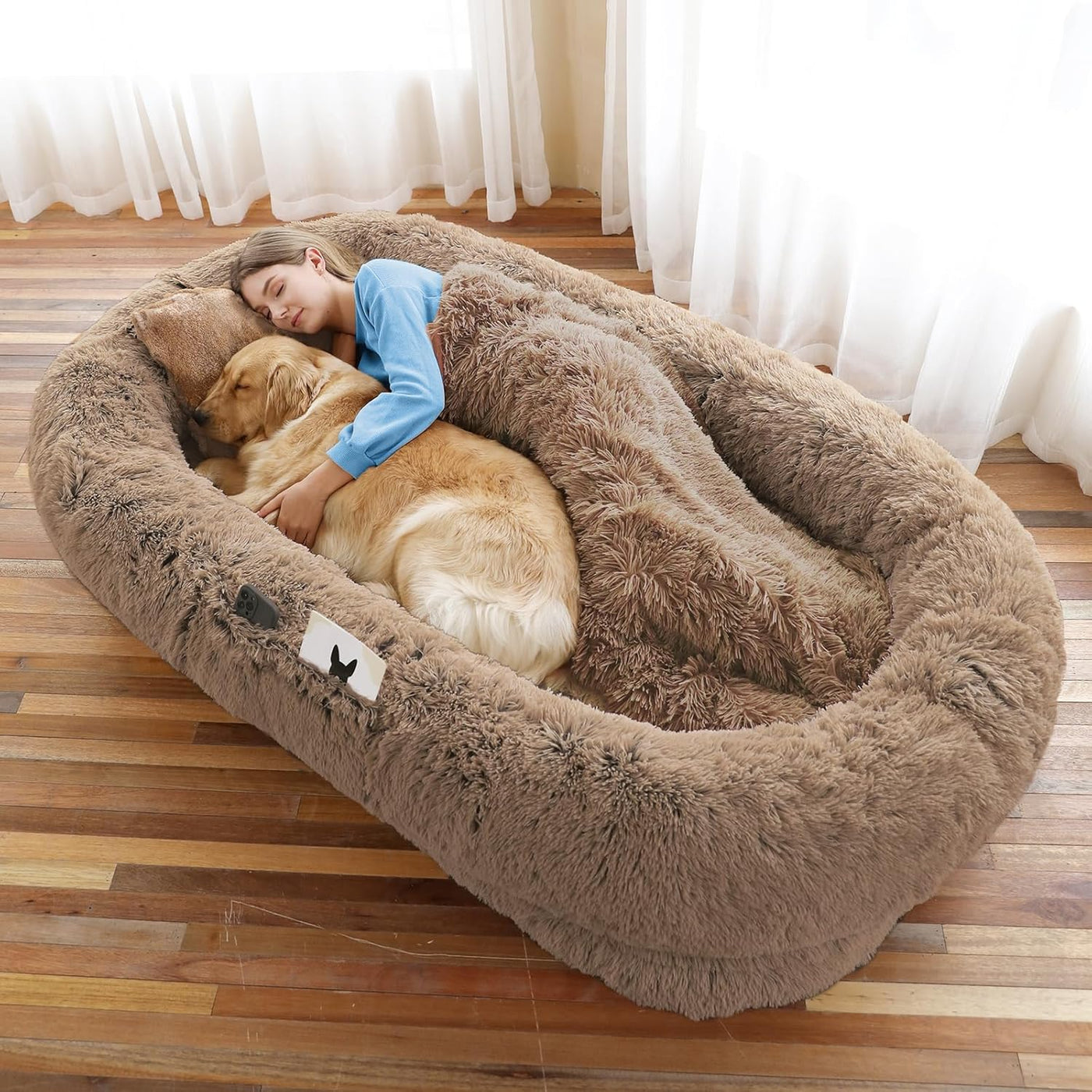 Hundebett für Menschen, große Hundebetten für Menschen, passend für Sie und Haustiere, waschbares Kunstfell-orthopädisches Mensch-Haustier-Bett für Dösen, Nickerchen, Kissen, Decke, Gurt – Khaki