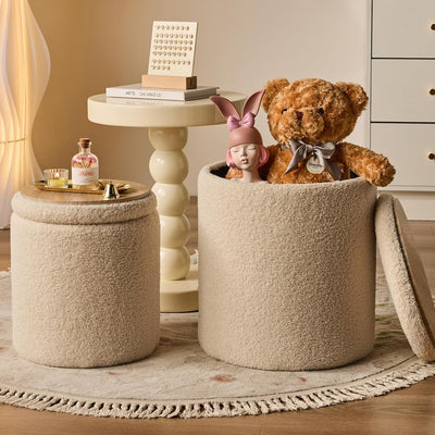 Rundes 2er-Set Aufbewahrungs-Ottoman – Gepolsterter Samt Schminktischhocker für Make-up Multifunktionale Ottomane Couchtisch Gepolsterter Sitz Fußablage für Wohnzimmer & Schlafzimmer (Weiß)
