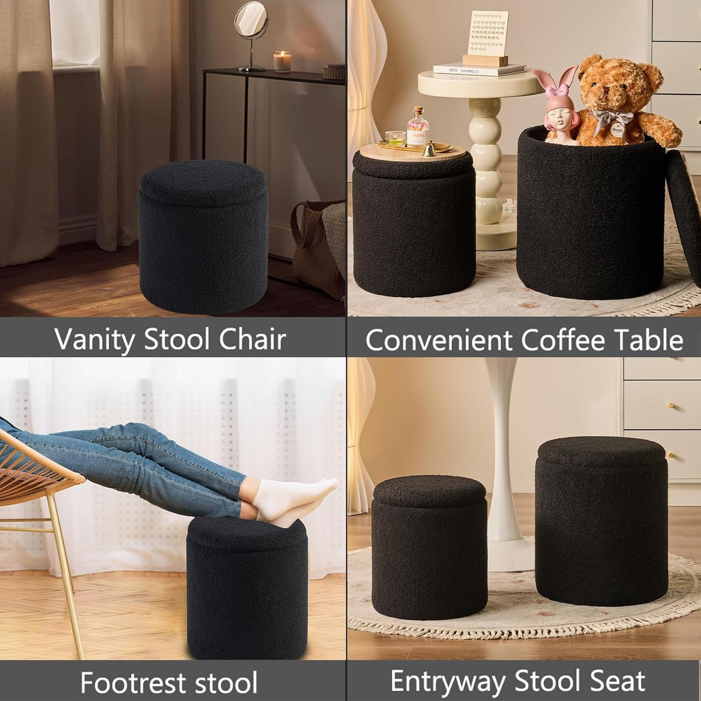Rundes 2er-Set Aufbewahrungs-Ottoman – Gepolsterter Samt Schminktischhocker für Make-up Multifunktionale Ottomane Couchtisch Gepolsterter Sitz Fußablage für Wohnzimmer & Schlafzimmer (Weiß)