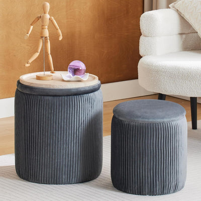Rundes 2er-Set Aufbewahrungs-Ottoman – Gepolsterter Samt Schminktischhocker für Make-up Multifunktionale Ottomane Couchtisch Gepolsterter Sitz Fußablage für Wohnzimmer & Schlafzimmer (Weiß)