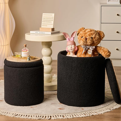 Rundes 2er-Set Aufbewahrungs-Ottoman – Gepolsterter Samt Schminktischhocker für Make-up Multifunktionale Ottomane Couchtisch Gepolsterter Sitz Fußablage für Wohnzimmer & Schlafzimmer (Weiß)