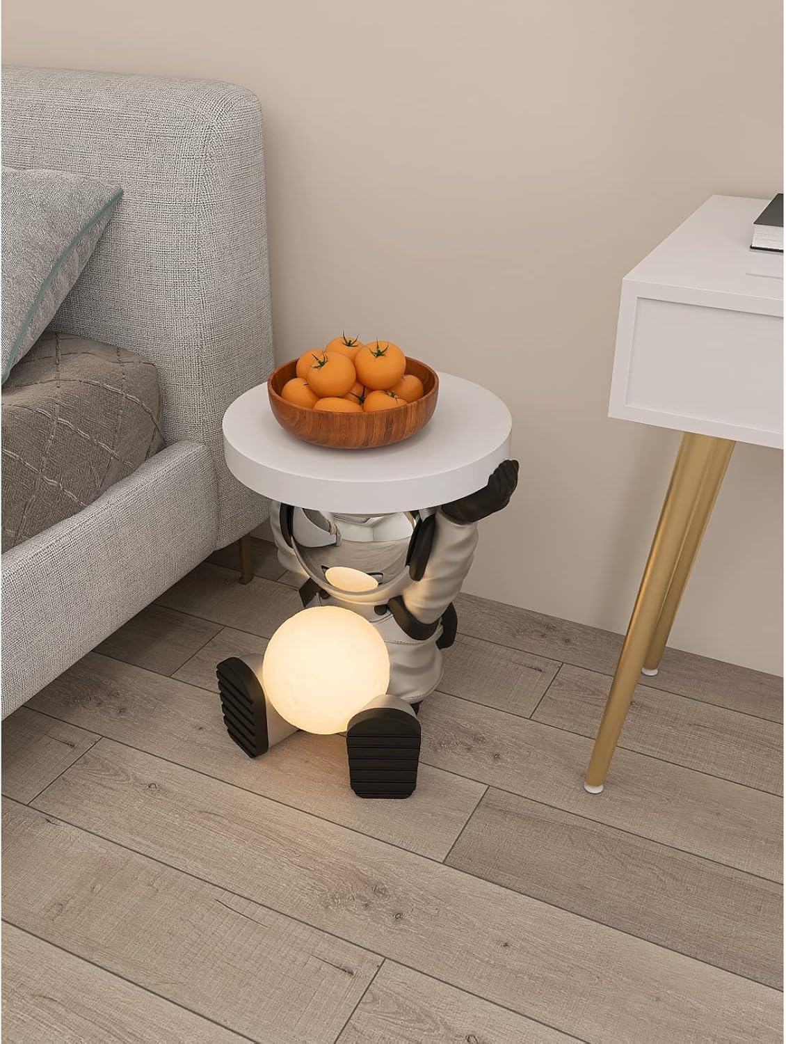 Astronautentisch mit rundem Tischplatte 19,7" x 17,7" Sofa-Beistelltisch mit Mondlampe Moderner Harz-Akzent Astronautenfigur für Schlafzimmer, Wohnzimmer, Zuhause, Rosa