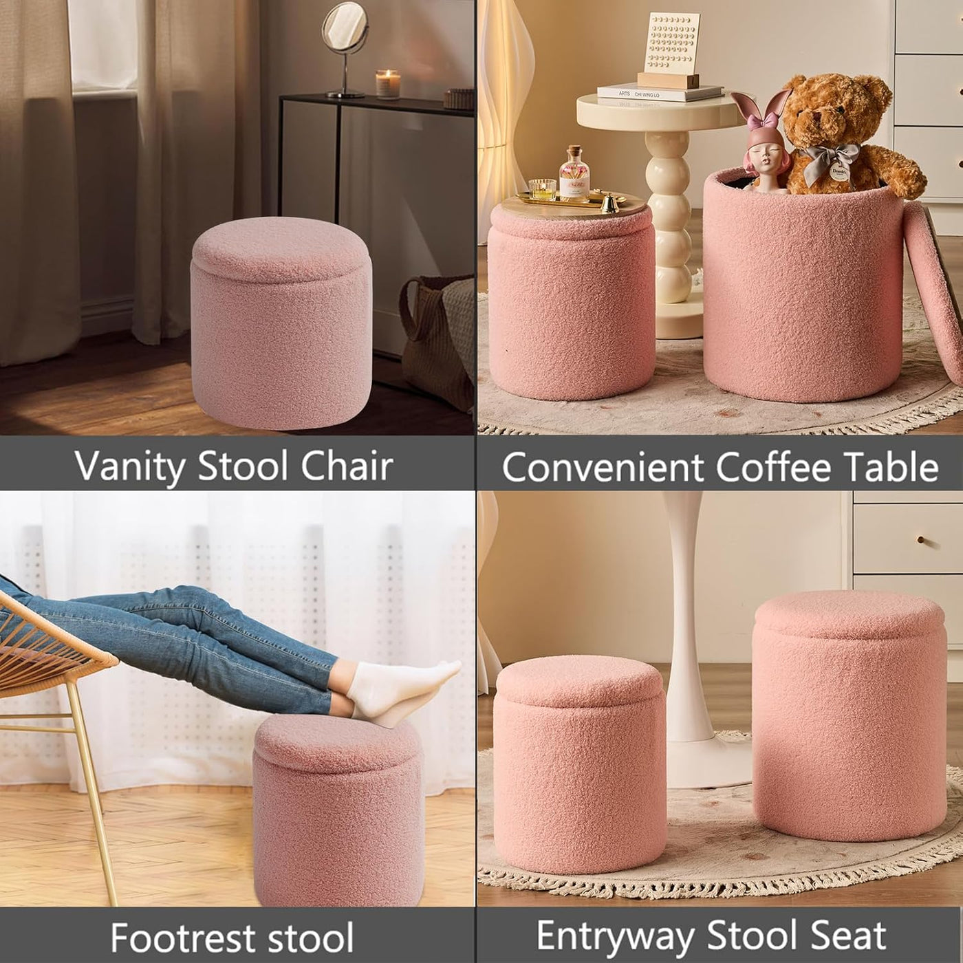 Rundes 2er-Set Aufbewahrungs-Ottoman – Gepolsterter Samt Schminktischhocker für Make-up Multifunktionale Ottomane Couchtisch Gepolsterter Sitz Fußablage für Wohnzimmer & Schlafzimmer (Weiß)