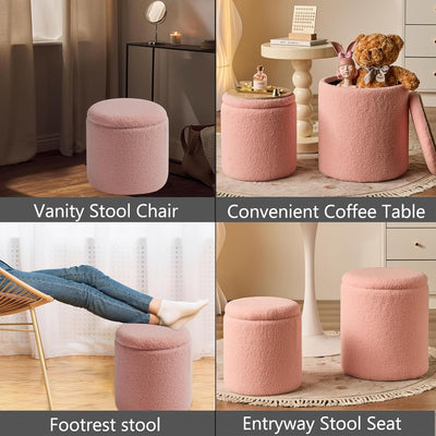 Rundes 2er-Set Aufbewahrungs-Ottoman – Gepolsterter Samt Schminktischhocker für Make-up Multifunktionale Ottomane Couchtisch Gepolsterter Sitz Fußablage für Wohnzimmer & Schlafzimmer (Weiß)
