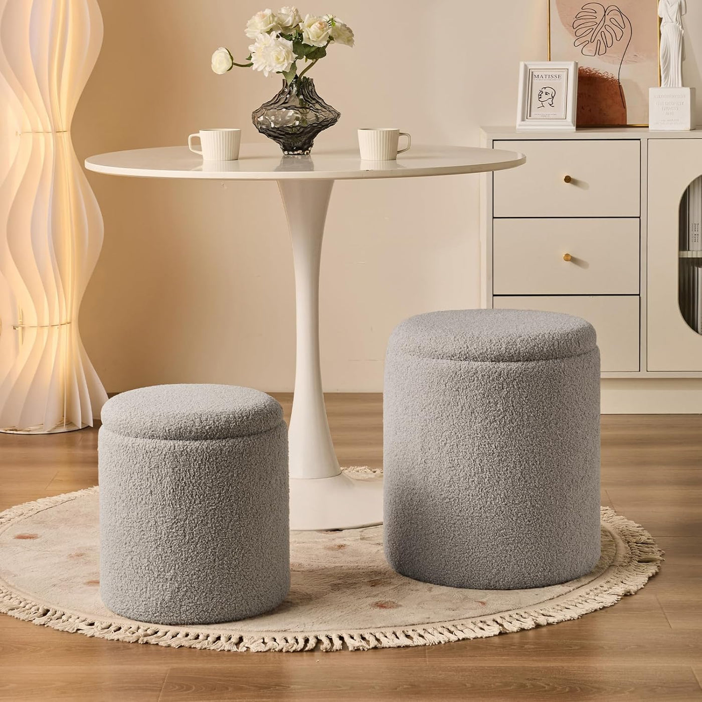 Rundes 2er-Set Aufbewahrungs-Ottoman – Gepolsterter Samt Schminktischhocker für Make-up Multifunktionale Ottomane Couchtisch Gepolsterter Sitz Fußablage für Wohnzimmer & Schlafzimmer (Weiß)