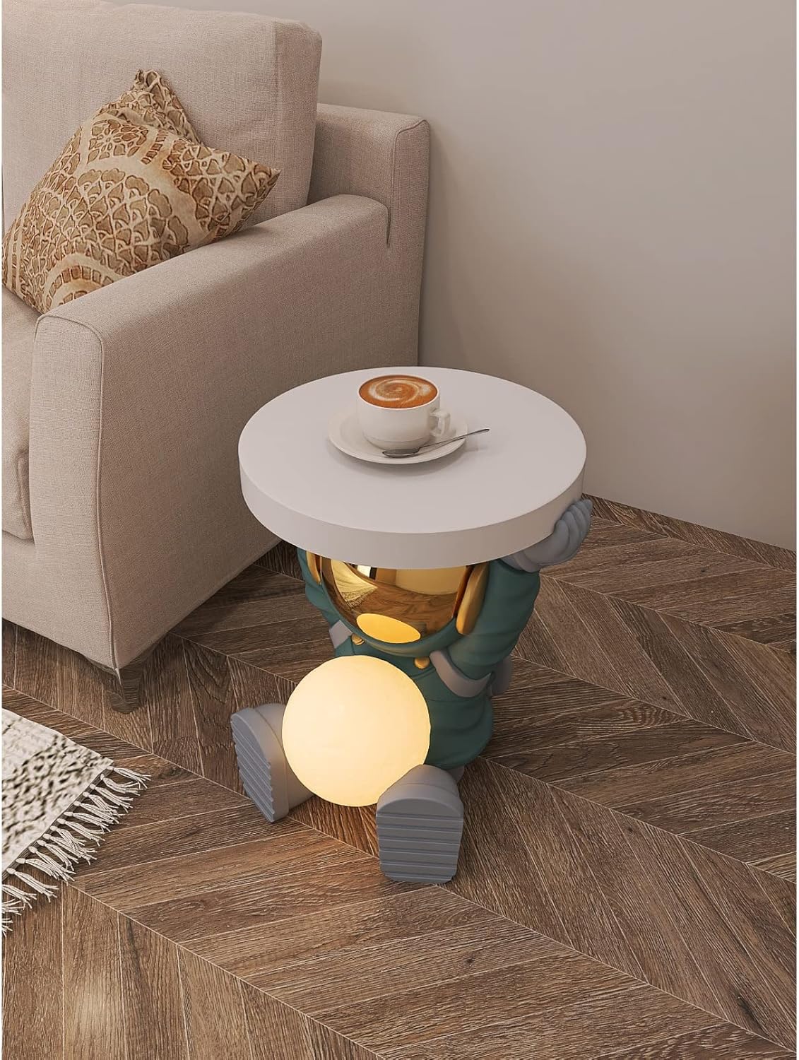 Astronautentisch mit rundem Tischplatte 19,7" x 17,7" Sofa-Beistelltisch mit Mondlampe Moderner Harz-Akzent Astronautenfigur für Schlafzimmer, Wohnzimmer, Zuhause, Rosa