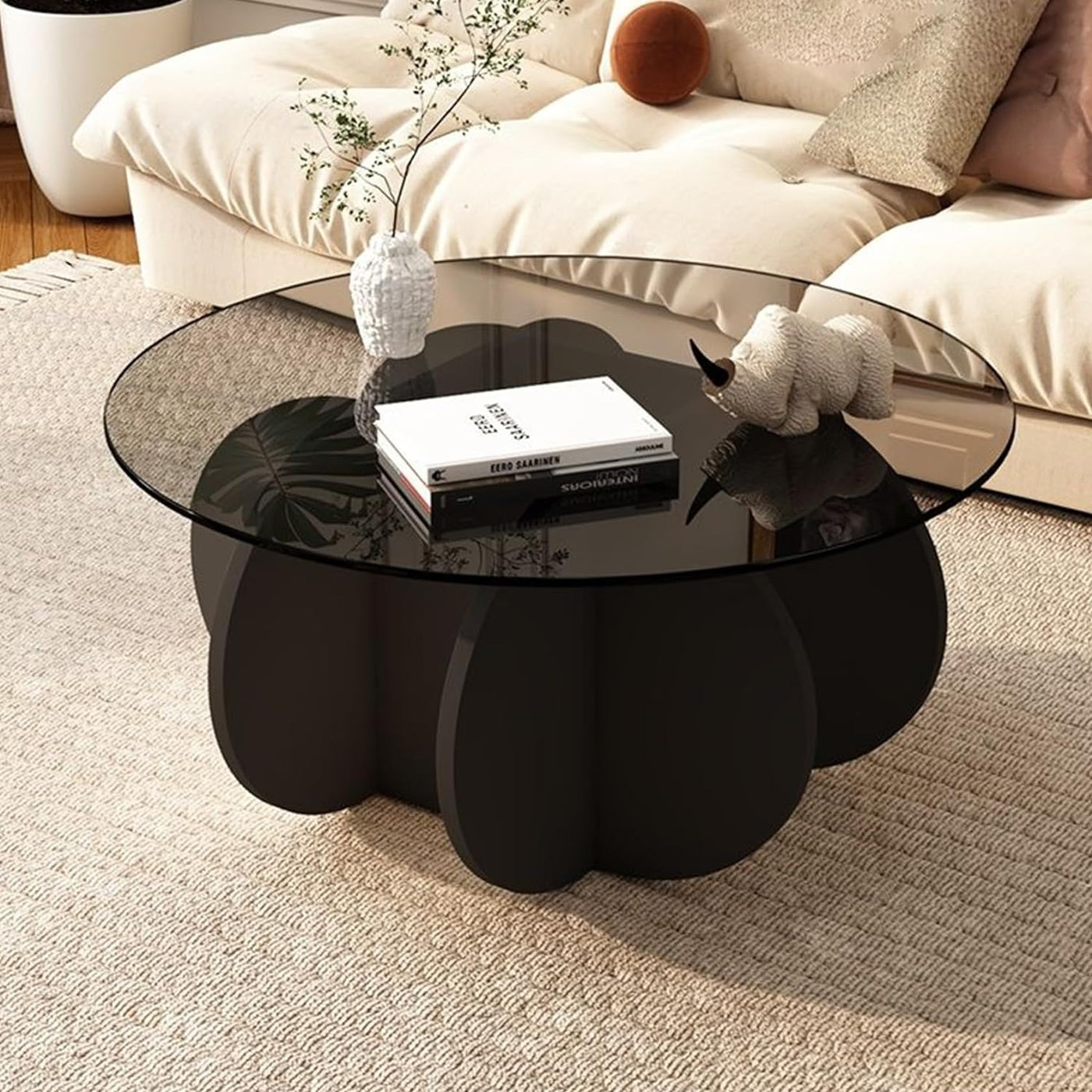 Schwarzer Couchtisch, 31,5" runder Glastisch für das Wohnzimmer, Mid-Century-Modern-Couchtisch, einzigartiger runder Beistelltisch mit Holzfuß