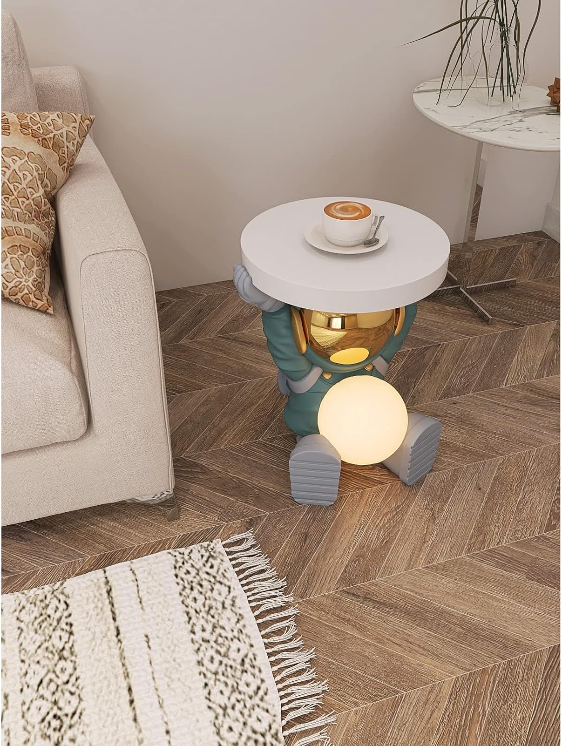 Astronautentisch mit rundem Tischplatte 19,7" x 17,7" Sofa-Beistelltisch mit Mondlampe Moderner Harz-Akzent Astronautenfigur für Schlafzimmer, Wohnzimmer, Zuhause, Rosa