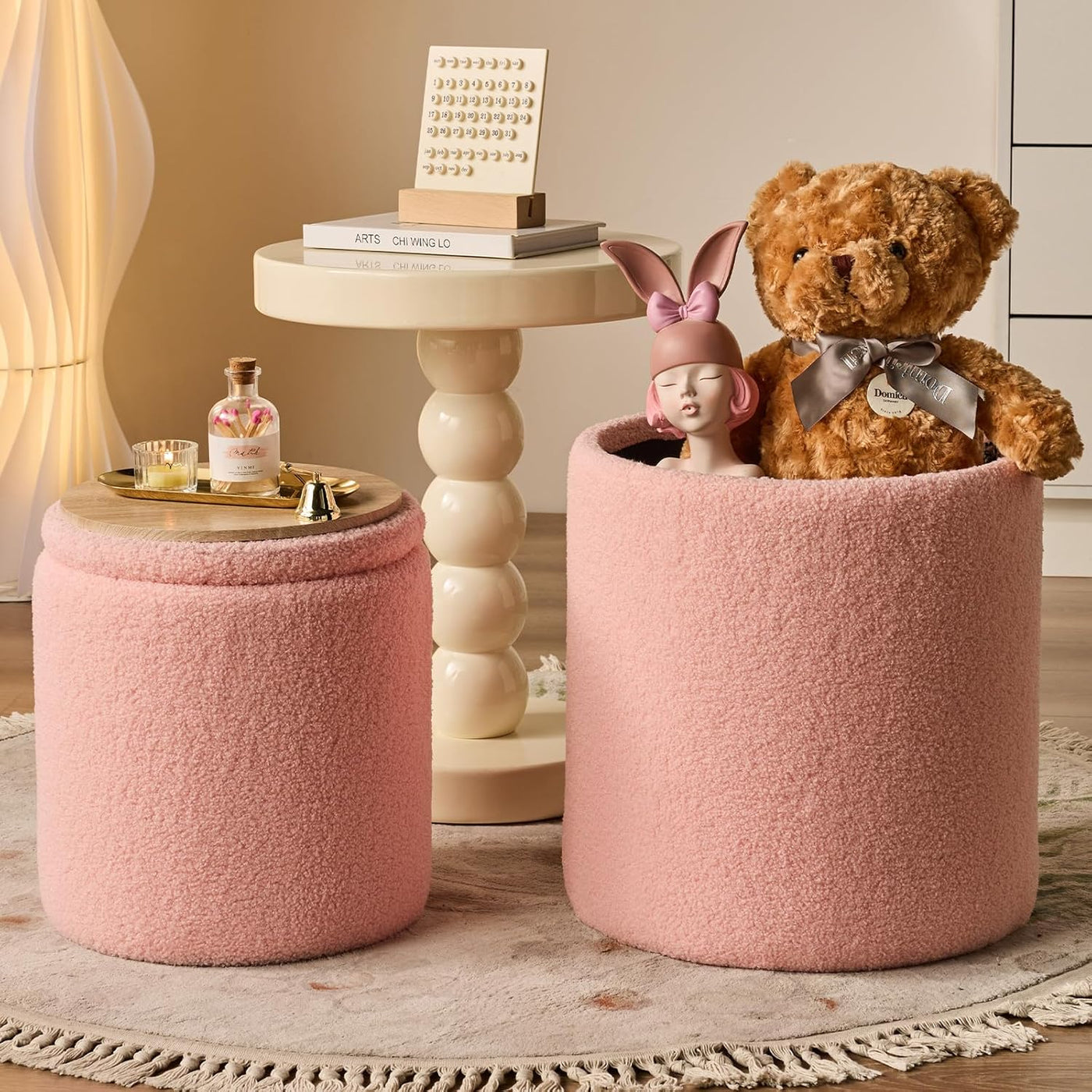 Rundes 2er-Set Aufbewahrungs-Ottoman – Gepolsterter Samt Schminktischhocker für Make-up Multifunktionale Ottomane Couchtisch Gepolsterter Sitz Fußablage für Wohnzimmer & Schlafzimmer (Weiß)