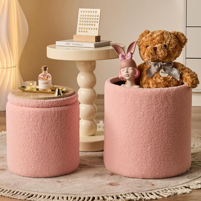 Rundes 2er-Set Aufbewahrungs-Ottoman – Gepolsterter Samt Schminktischhocker für Make-up Multifunktionale Ottomane Couchtisch Gepolsterter Sitz Fußablage für Wohnzimmer & Schlafzimmer (Weiß)