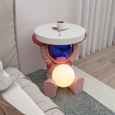 Astronautentisch mit rundem Tischplatte 19,7" x 17,7" Sofa-Beistelltisch mit Mondlampe Moderner Harz-Akzent Astronautenfigur für Schlafzimmer, Wohnzimmer, Zuhause, Rosa