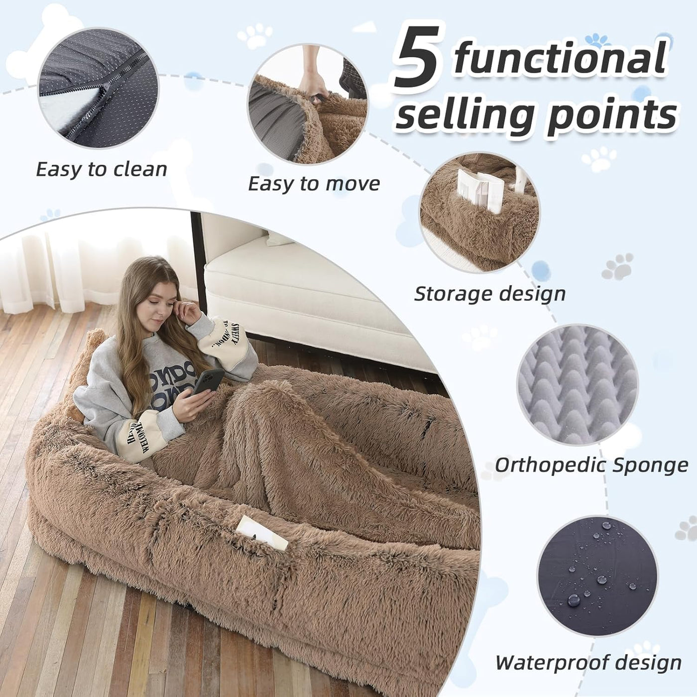Hundebett für Menschen, große Hundebetten für Menschen, passend für Sie und Haustiere, waschbares Kunstfell-orthopädisches Mensch-Haustier-Bett für Dösen, Nickerchen, Kissen, Decke, Gurt – Khaki