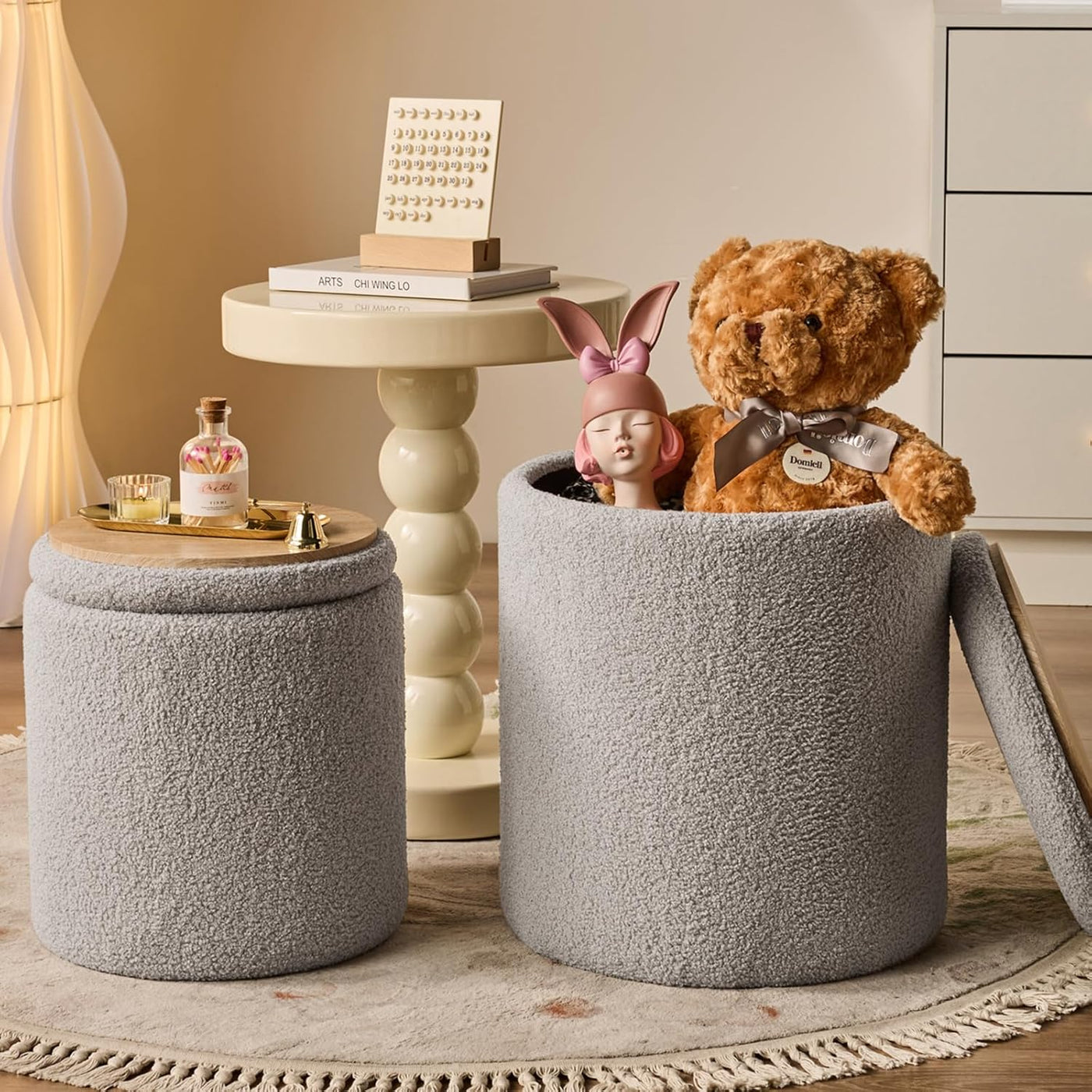 Rundes 2er-Set Aufbewahrungs-Ottoman – Gepolsterter Samt Schminktischhocker für Make-up Multifunktionale Ottomane Couchtisch Gepolsterter Sitz Fußablage für Wohnzimmer & Schlafzimmer (Weiß)