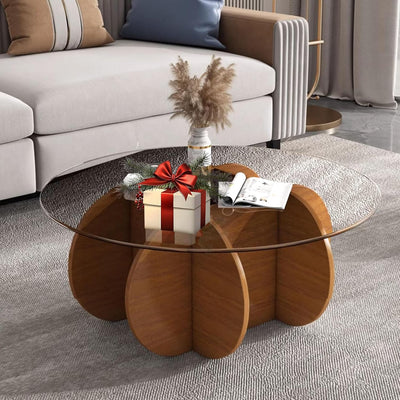 Schwarzer Couchtisch, 31,5" runder Glastisch für das Wohnzimmer, Mid-Century-Modern-Couchtisch, einzigartiger runder Beistelltisch mit Holzfuß