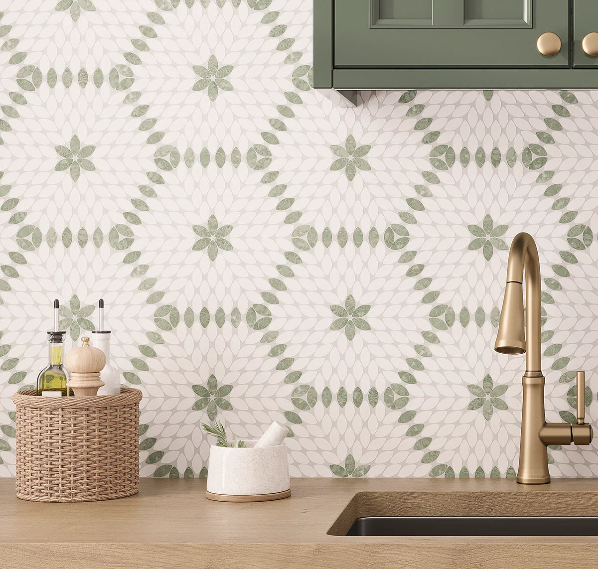 Santorini Grün & Weiß Blüten Marmor Mosaikfliese