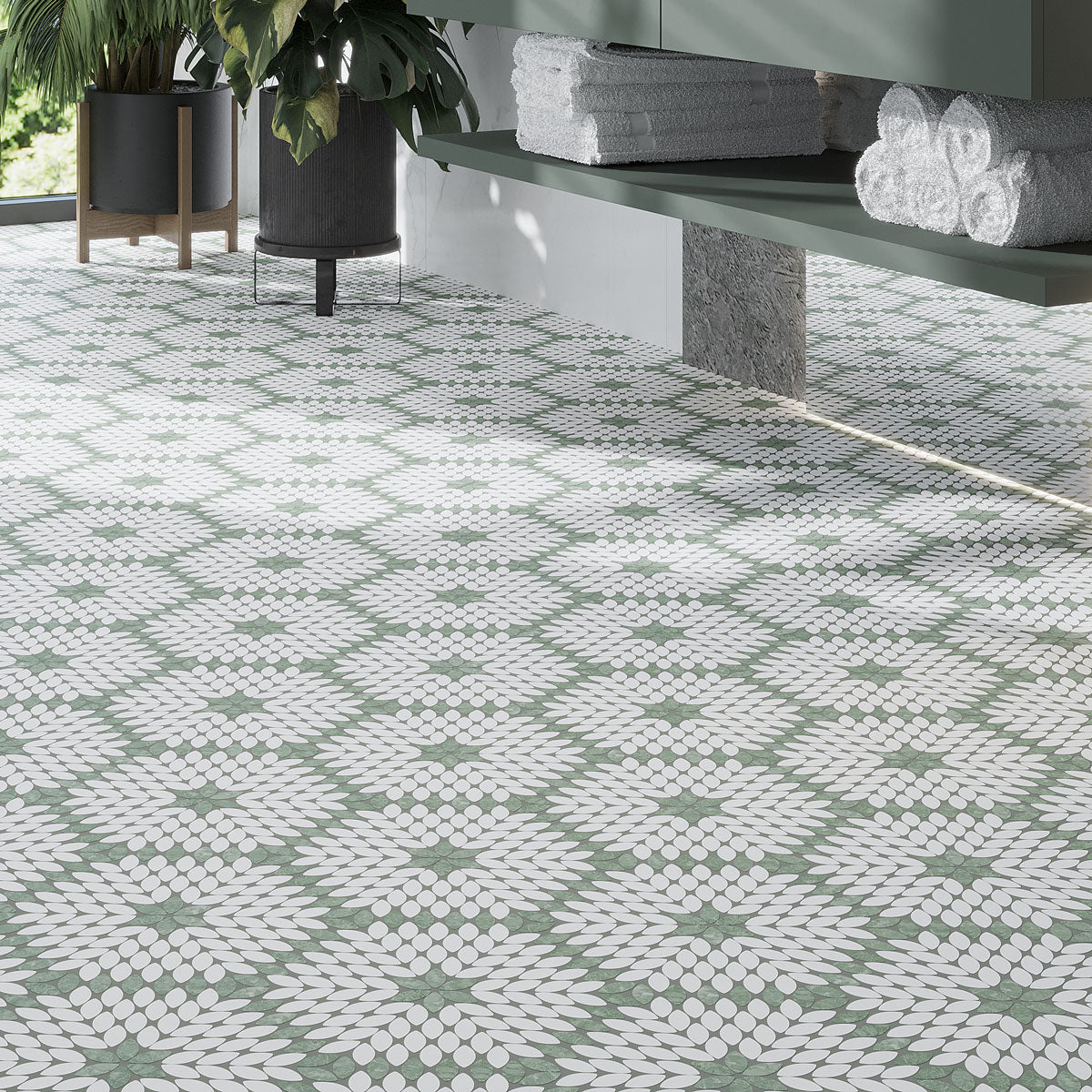 Santorini Grün & Weiß Blüten Marmor Mosaikfliese