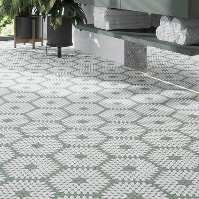Santorini Grün & Weiß Blüten Marmor Mosaikfliese