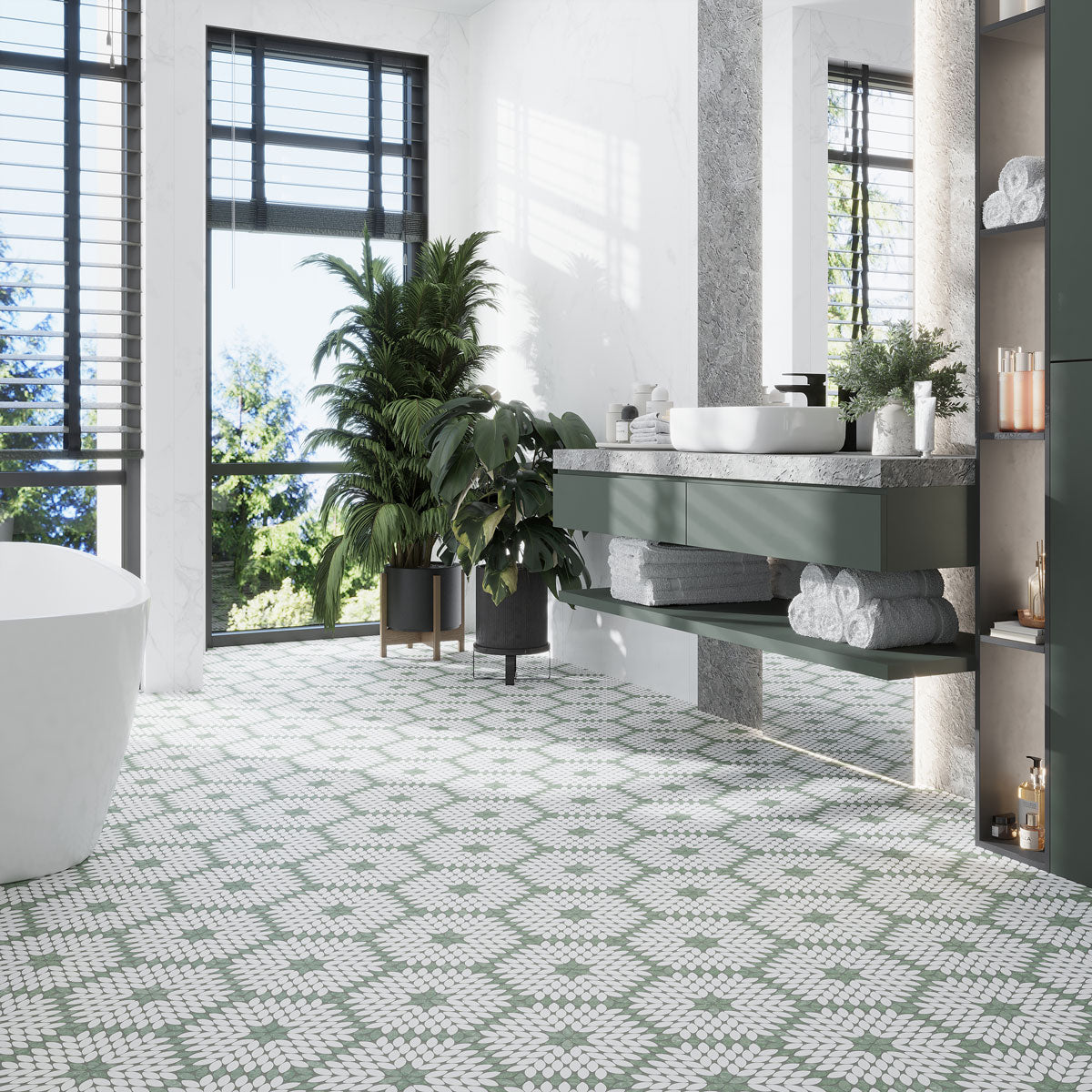 Santorini Grün & Weiß Blüten Marmor Mosaikfliese